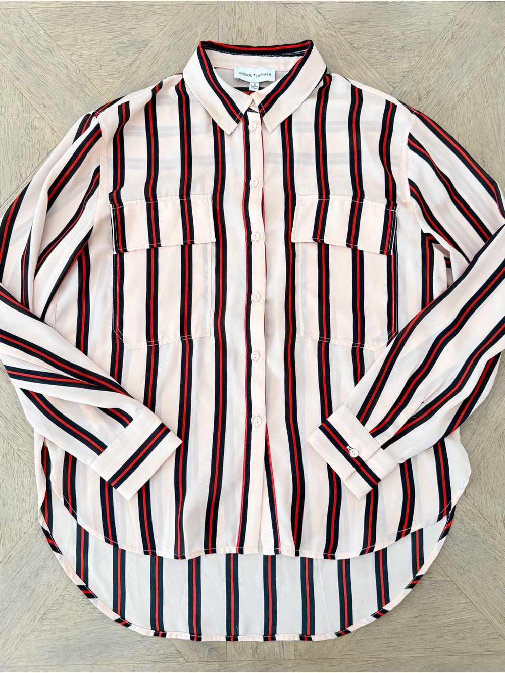 Gibson Latimer Pink Red Striped Button Down Blouse Top Small Preppy